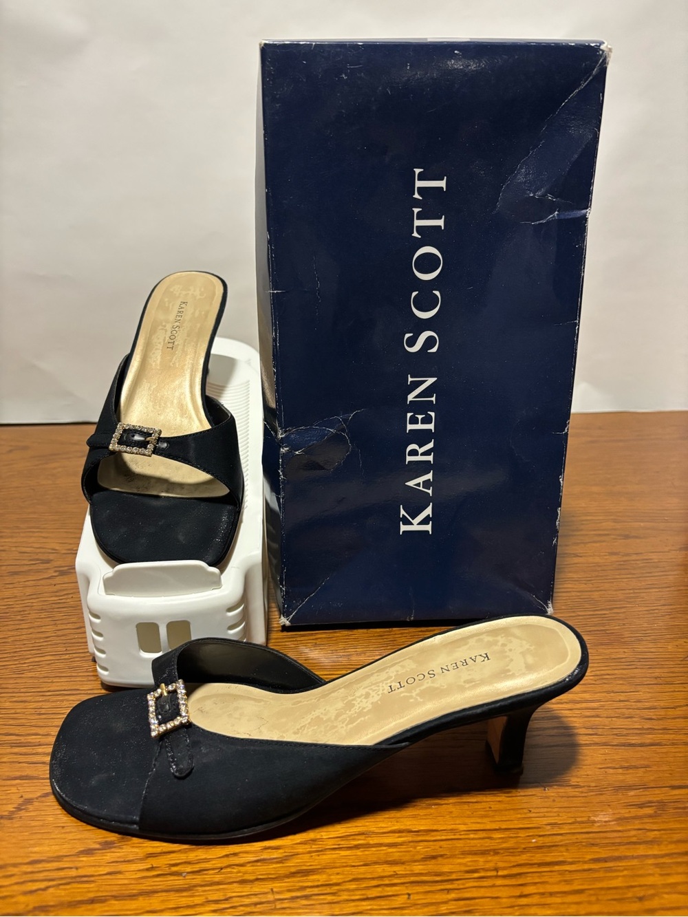 Karen Scott Black Open-Toe Slip-On Heels with Rhinestone Buckle